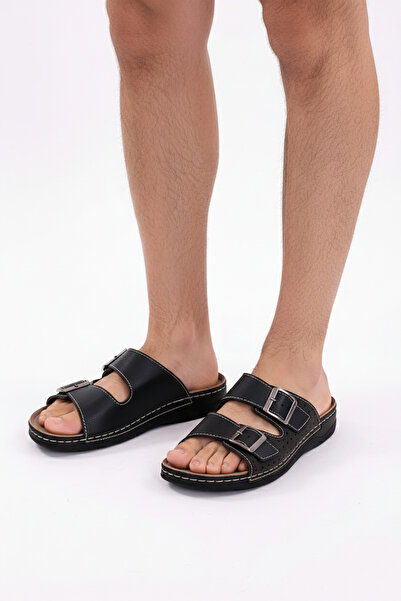 GEZER Erkek Yazlık İki Tokalı Ayarlanabilir Bej Terlik | Comfort Mantar Taban Günlük Erkke Terlik