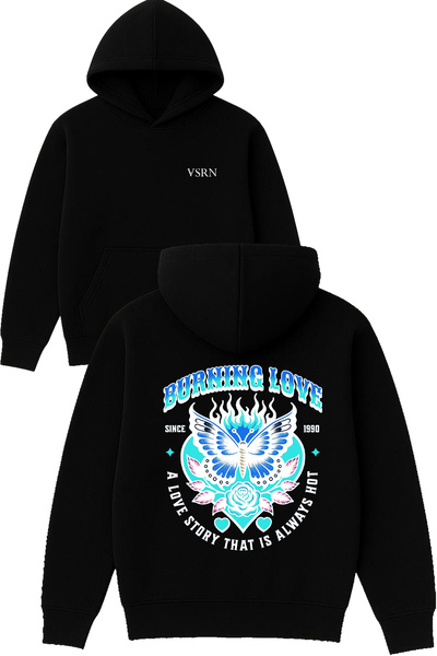 VSRN Hanorac negru supradimensionat cu glugă, cu imprimeu Burning Love Design
