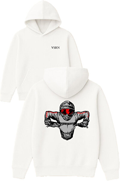 VSRN Hanorac cu glugă alb supradimensionat, cu imprimeu Racer Biker Design