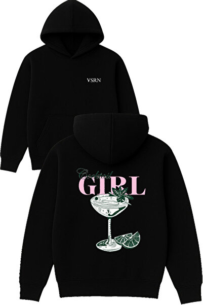 VSRN Hanorac negru supradimensionat cu glugă, cu imprimeu Cocktail girl