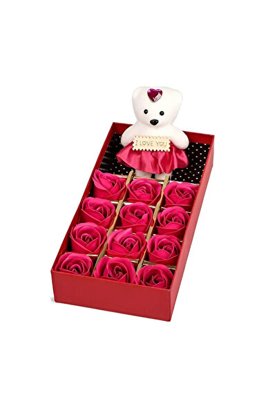 Tim Elegant Gift Box with 12 Soap Roses & Teddy Bear – Romantic Gift