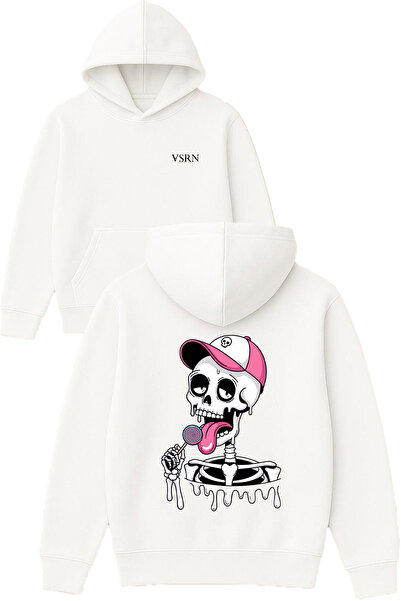 VSRN تصميم هيكل عظمي يأكل المصاصة مطبوع قصة فضفاضة سويت شيرت أبيض بغطاء رأس