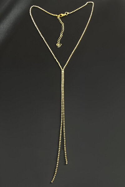 Butik Çift Şerit Taşlı Çelik Kolye