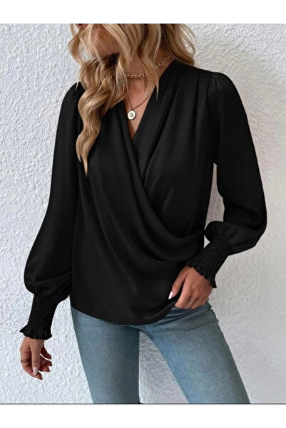 nedo7 Women's Long Sleeve Flowing Double Breasted Collar Sleeve Tipped Sandy Blouse