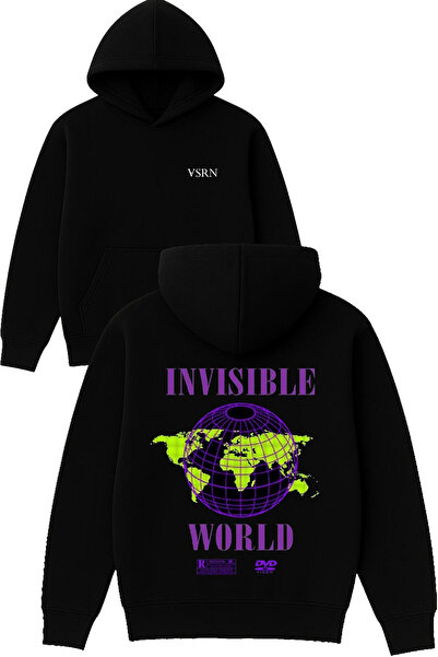 VSRN Hanorac negru supradimensionat cu glugă, imprimat cu design Invisible World