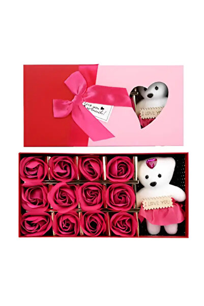 Tim Elegant Gift Box with 12 Soap Roses & Teddy Bear – Romantic Gift