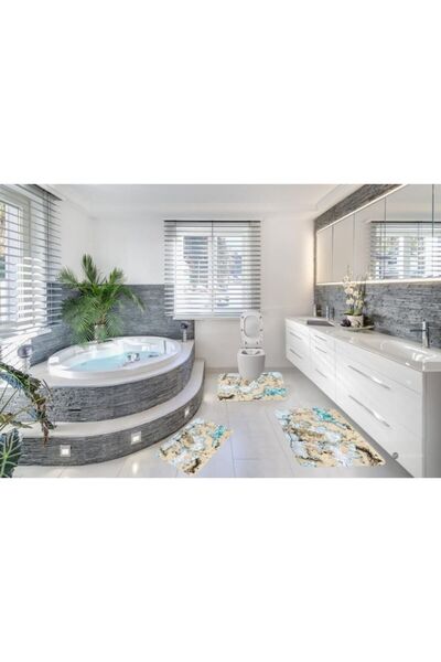 SokShop Set of 3 bath mats, 60x90 / 60x45 / 45x60, non-slip, stone pattern, cream/turquoise