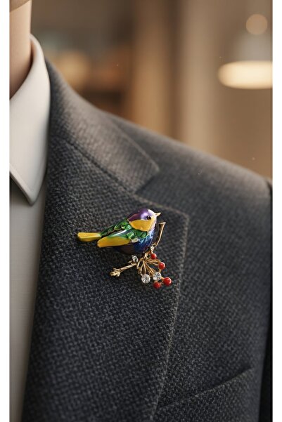 Jewerly 🌈 Renkli Emaye Kuş Broş Parlak Kristal Detaylı Serçe Model Yaka İğnesi