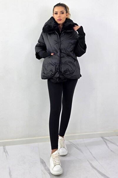 FashionForYou Bomber jacket, knit sleeve, NERRO, with rounded corners and fur collar, Black, L