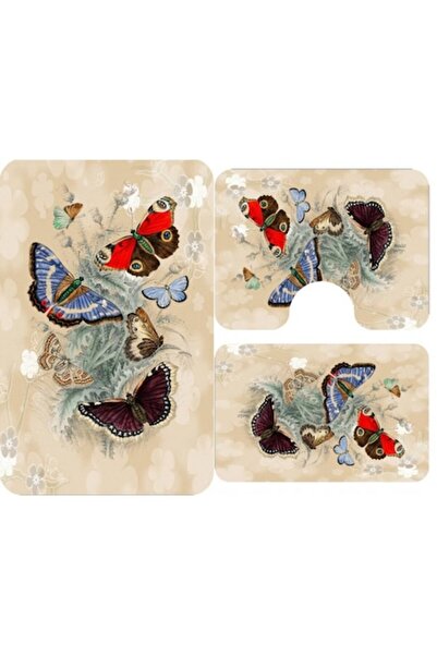 SokShop Set of 3 Bathroom Rugs, ZUBI HOME, 60x90 / 60x45 / 40x60, Non-slip, Butterfly Pattern, Cream
