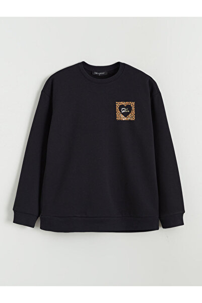 LC Waikiki Black Printed Oversized Women's Thick Sweatshirt