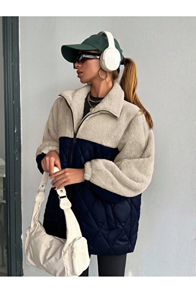 FASHION Kadın Peluş Baklava Desen Kapitone Mont