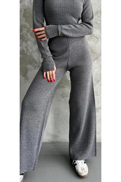 Esperar Pulover crop tricotat pe jumătate pentru femei, pantaloni, tricotaje set