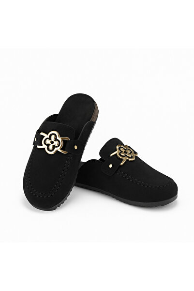 chichi Elegant black women's loafers with gold buckle - casual-chic model made of velour-type ecological leather