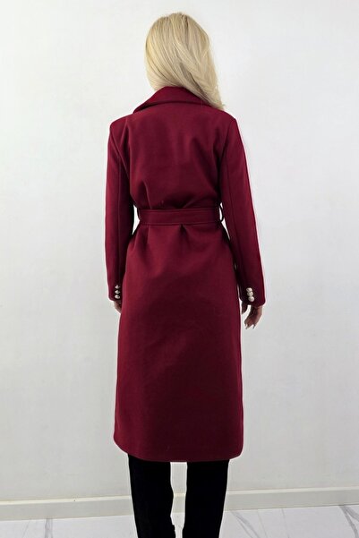 FashionForYou Thin midi coat, AVELYN, with gold buttons and drawstring, Burgundy, M