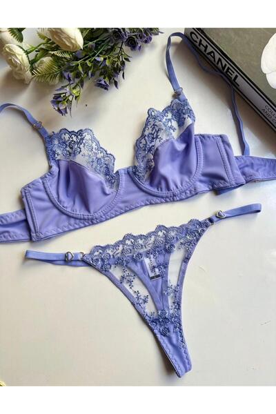 HAMA LOVE Kadın Lila/Mor Dantelli Saten Tanga Detaylı Sütyen Takımı Iç Çamaşı...