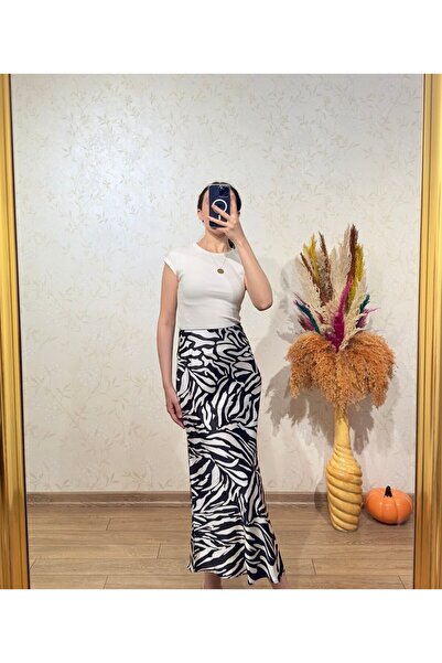 sunademirelfashion High Waist Zebra Pattern Long Skirt White
