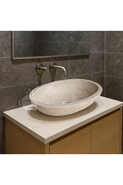Traverten Doğal Taş Oval Tezgâh Üstü Lavabo