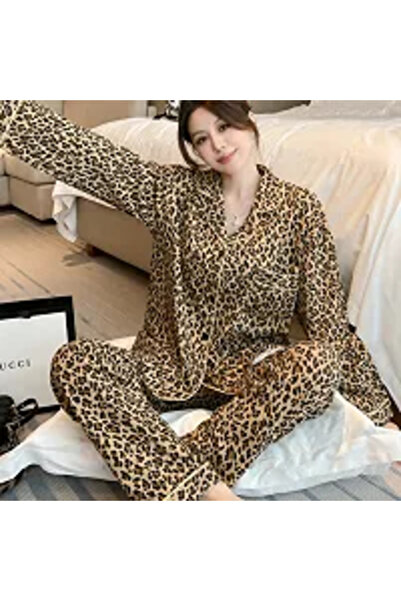 Muchmy Leopard Print Pajama Set For Women's Two Pieces Girl's Relax Top And Bottom Pajamas