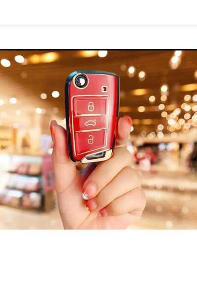 GMA KEYS غطاء حماية لمفتاح فولكس فاجن جولف 7 وجولف 7.5 وتيجوان وبولو وتي-روك وتي-كروس نانو، لون أحمر ذهبي