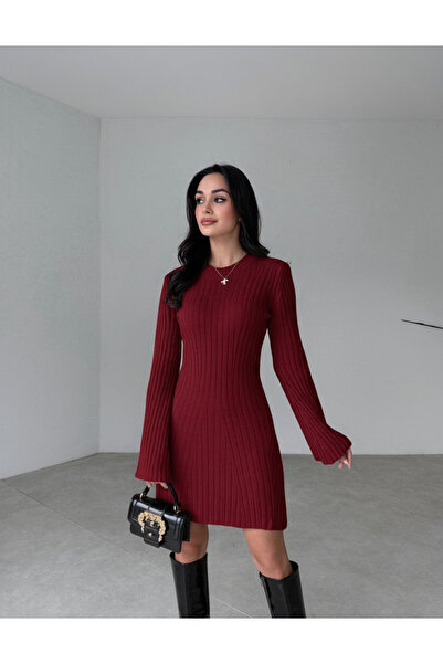 Cloudy Kids Kadın Mini Fitilli Kışlık Bordo Triko Elbise