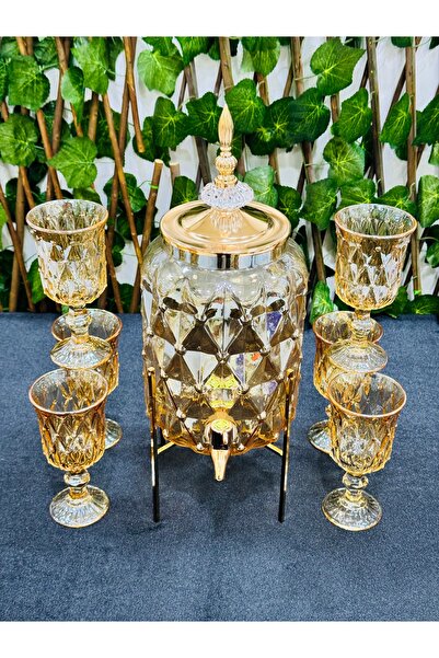 EVRA 7 Parça Metal Standlı Bardaklı Bal Renk Cam Sebil Şerbetlik