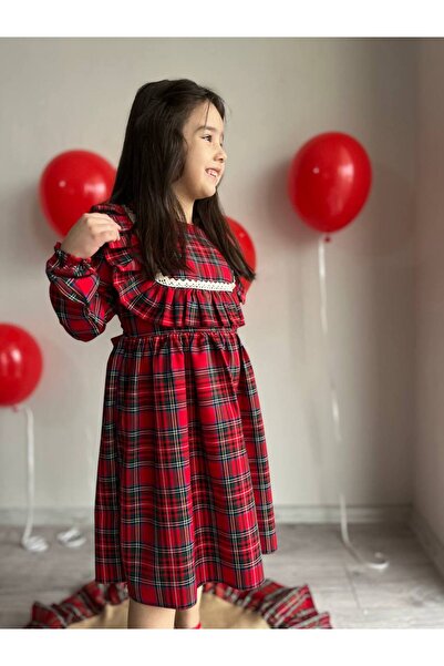 Sare Çocuk Giyim Girl's Red Checkered Winter Casual Dress