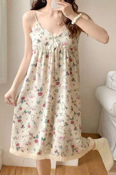 Muchmy Floral Pattern Spaghetti Strap Midi Length Women Lounge Home Nightwear