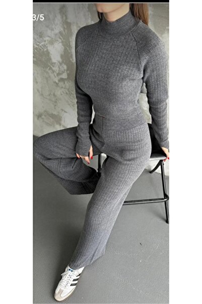 Esperar Pulover crop tricotat pe jumătate pentru femei, pantaloni, tricotaje set