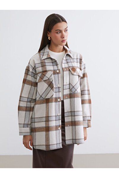 LC Waikiki Καφέ καρό oversized Γυναικείο πουκάμισο τουνίκ