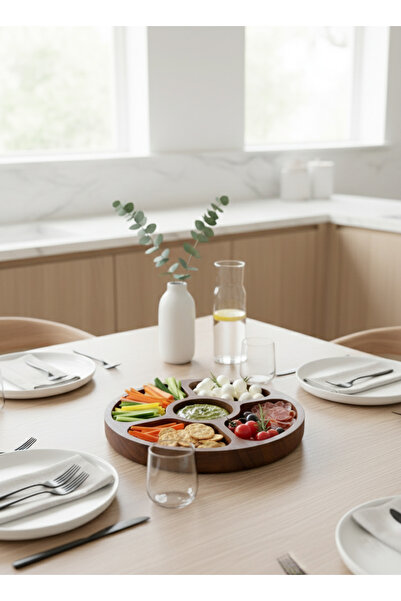 MİLAYHOME Akasya Ahşap Yuvarlak 5 Bölmeli Kuruyemişlik ve Sunum Tablası – Doğ...