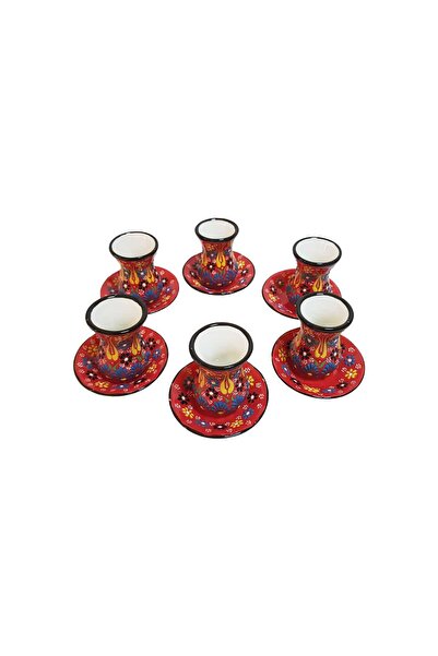 EHA Handmade ceramic tea set, 6 glasses, EHA, red with embossed flowers