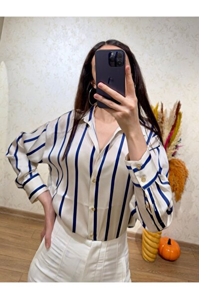 sunademirelfashion Navy Blue Striped Satin Shirt Ecru
