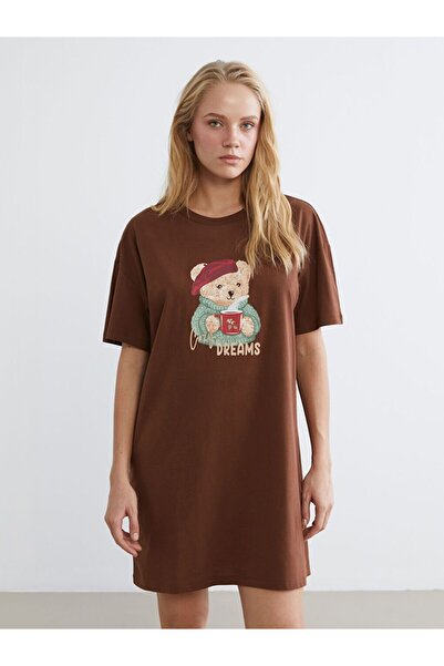 LC Waikiki LCW DREAM Bisiklet Yaka Ayı Baskılı Kadın Gecelik