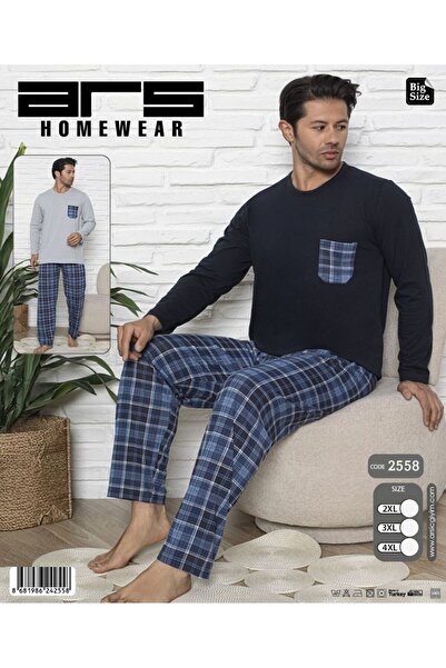Ars Erkek Pijama Takımı Pamuklu Ekoseli Uzun Kollu Altı Kareli Erkek Pijama Takımı