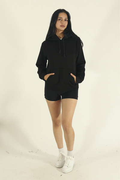 INFLUYENTE Women's Winter Cotton Puff Fabric Kangaroo Pocket Hooded Sweatshirt