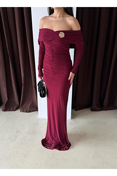 maf collection Women's Madonna Collar Burgundy Neckline Accessory Detail Long Sleeve Evening Dress Graduation Dress