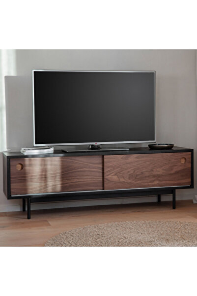feruzadeco Modern Ceviz ve Siyah Ahşap TV Ünitesi | Kayar Kapaklı El Yapımı K...
