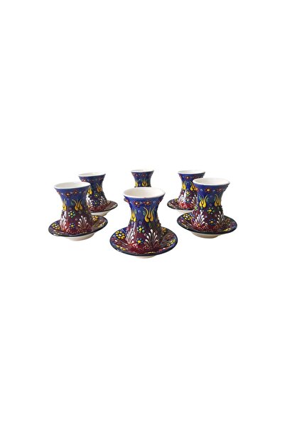 EHA Handmade ceramic tea set, 6 glasses, EHA, blue with yellow embossed