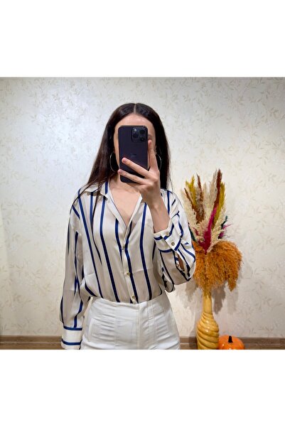 sunademirelfashion Navy Blue Striped Satin Shirt Ecru