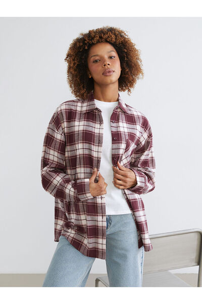 LC Waikiki Burgundy Plaid Oversized Women's Lumberjack Shirt