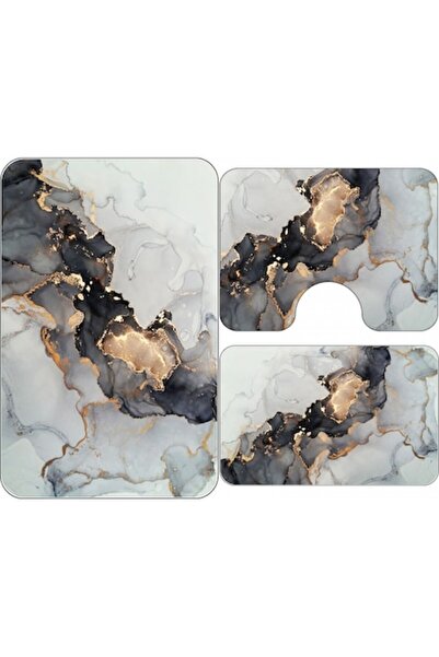 SokShop Set de 3 covorașe de baie, , 60 x 90 / 60 x 45 / 45 x 60, antiderapante, model marmorat, alb/gri