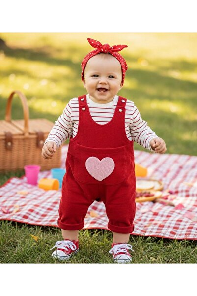 Serackids Heart Punch Embroidered Badili Salopet Set - Red