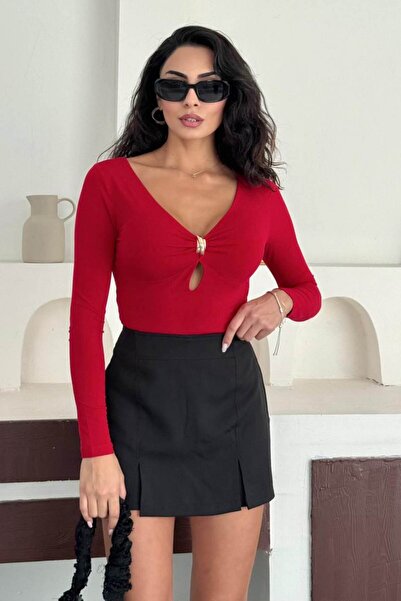 ZISHAN Women's V-Neck Gold Detailed Long Sleeve Blouse – Black, Coffee, White, Burgundy 10136