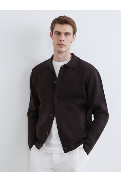 LC Waikiki Southblue Brown Polo Collar Men's Knitwear Cardigan
