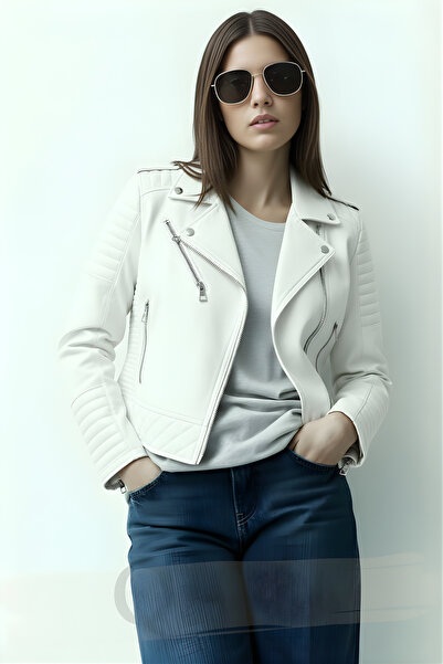 Qaju Women's Ecru Faux Leather Short Jacket