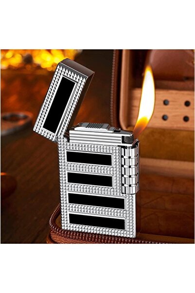 Ems Black & Silver metal lighter refillable with gas with side flint ignition