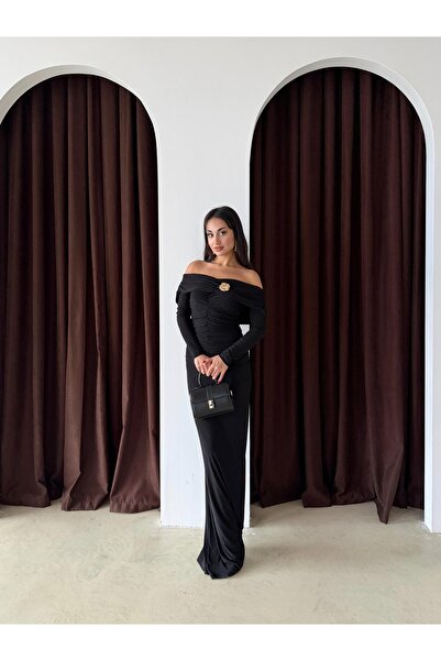 maf collection Kadın Madonna Yaka Siyah Yakası Aksesuar Detay Uzun Kol Abiye ...