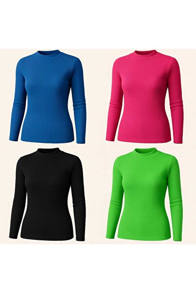 ANATOLIATEKSTILE Set 4 bucati maletă damă ribbed, MARIME UNICA (S-L), guler scurt, slim fit