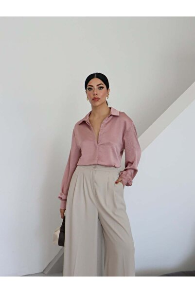 Milamia Cămașă cu guler din satin texturat clasic pentru femei